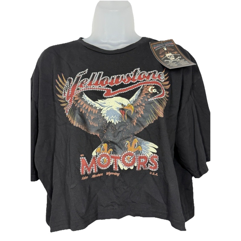 Wicked Quick NWT Yellowstone Cropped Graphic Tee Womens L Eagle Motorcycle USA